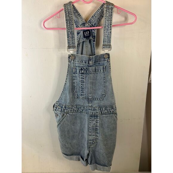 Gap Denim Small S shortall overalls rolled hems metal buttons rn#54023 - Picture 2 of 9